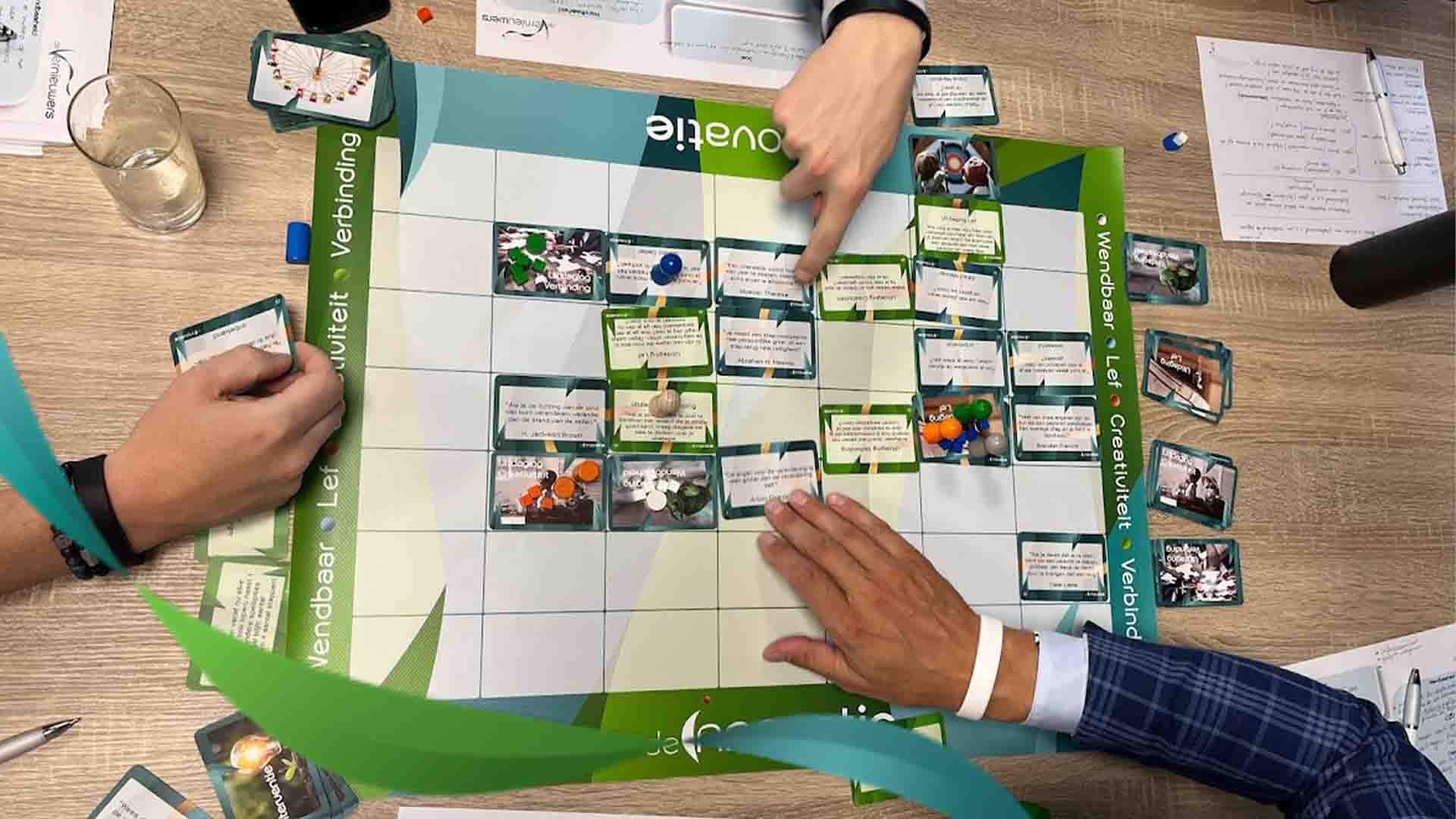 Het speelbord van De Innovatie van boven, met deelnemers die kaarten neerleggen